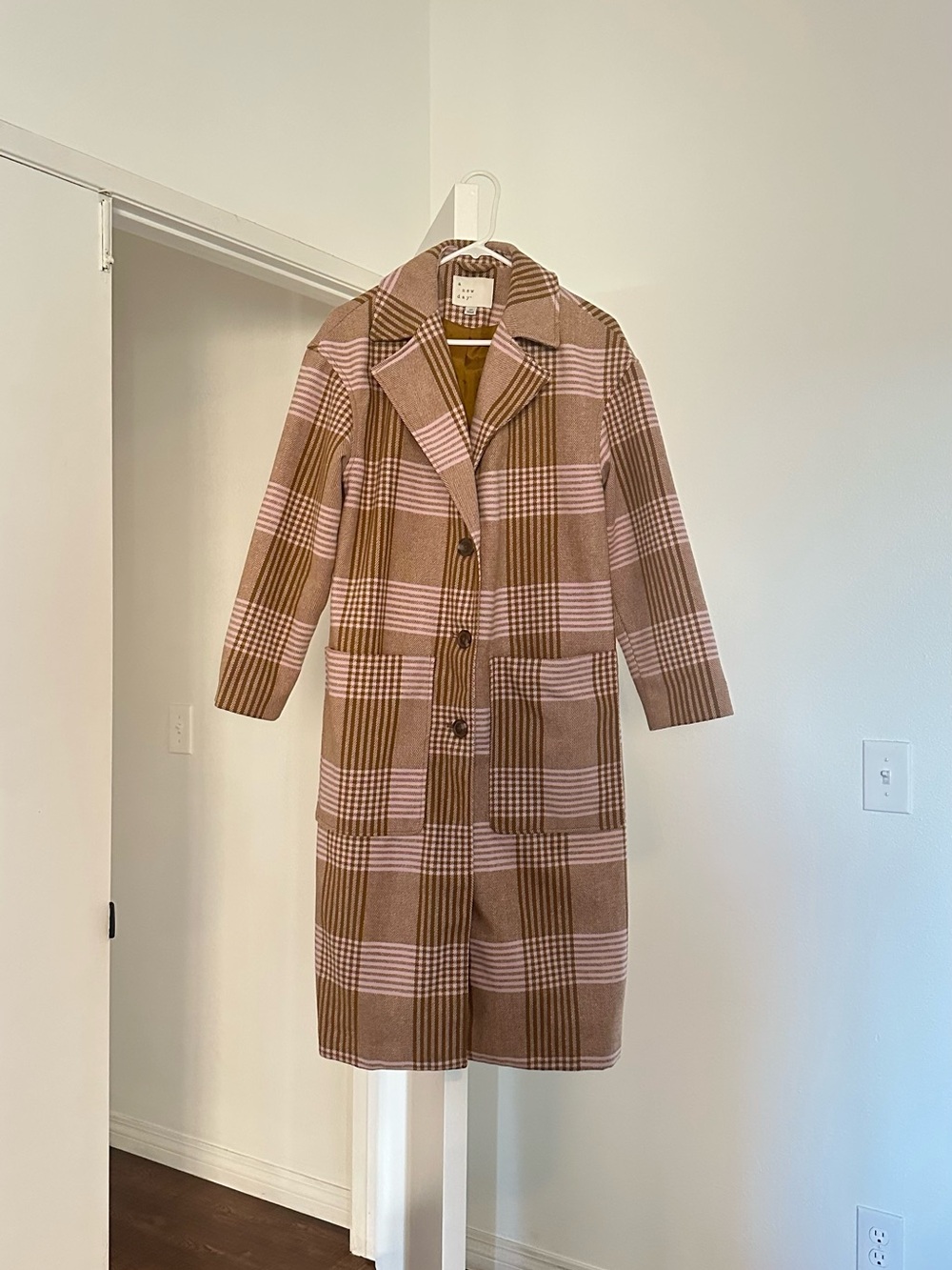 a new day Pink & Brown Plaid Long Trench Coat